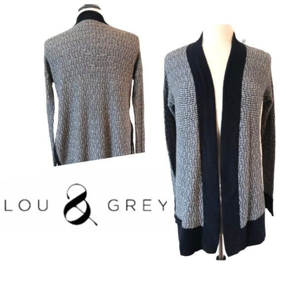 Lou & Grey White Navy Long Sleeve Open Cardigan Duster - Picture 1 of 6